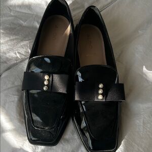 Aldo Black Patent Loafers with Pearl-Embellished Bow